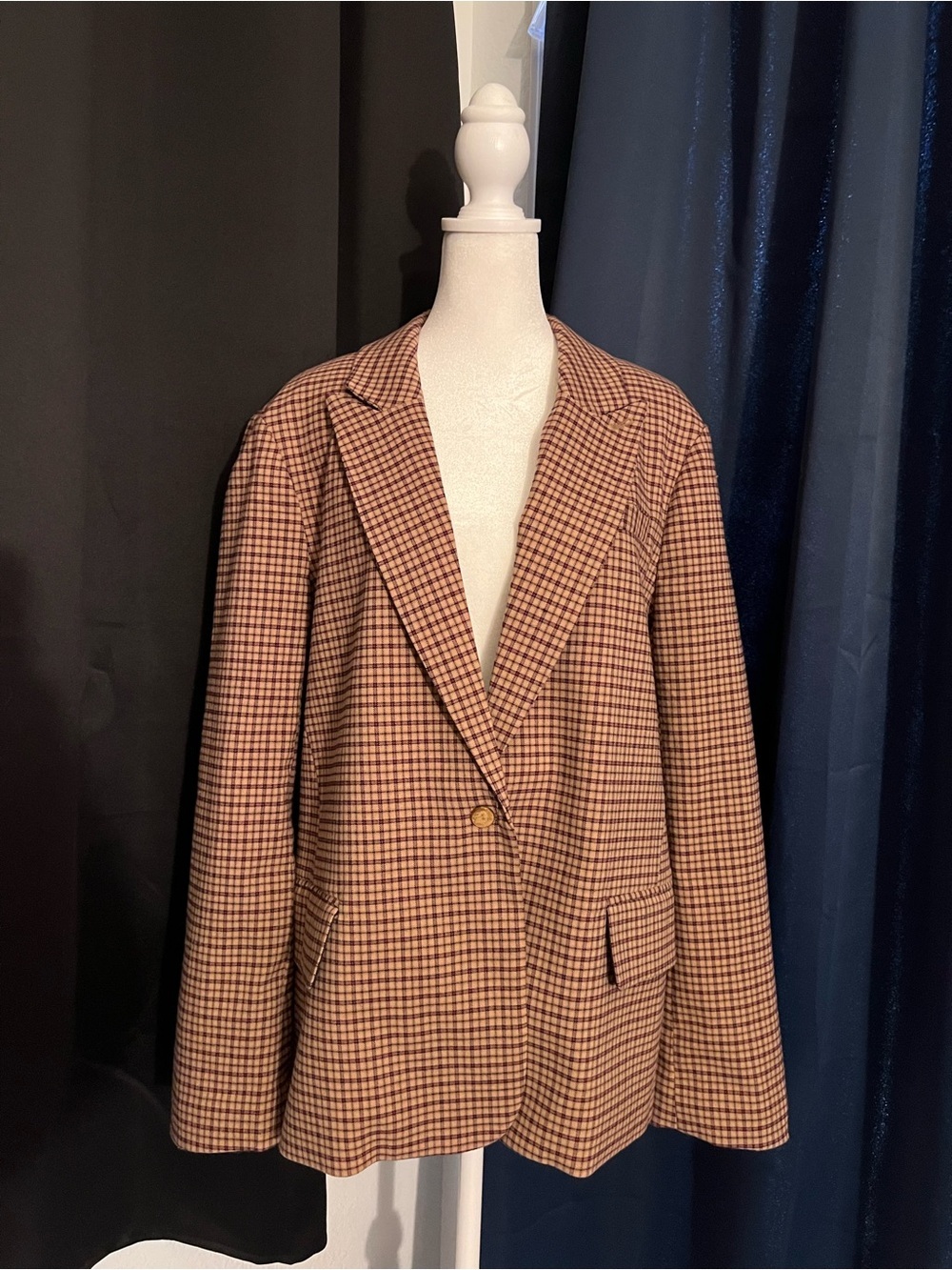 Oasis Checked Blazer Women’s Size 16 Tan Navy Plaid One Button Career Jacket